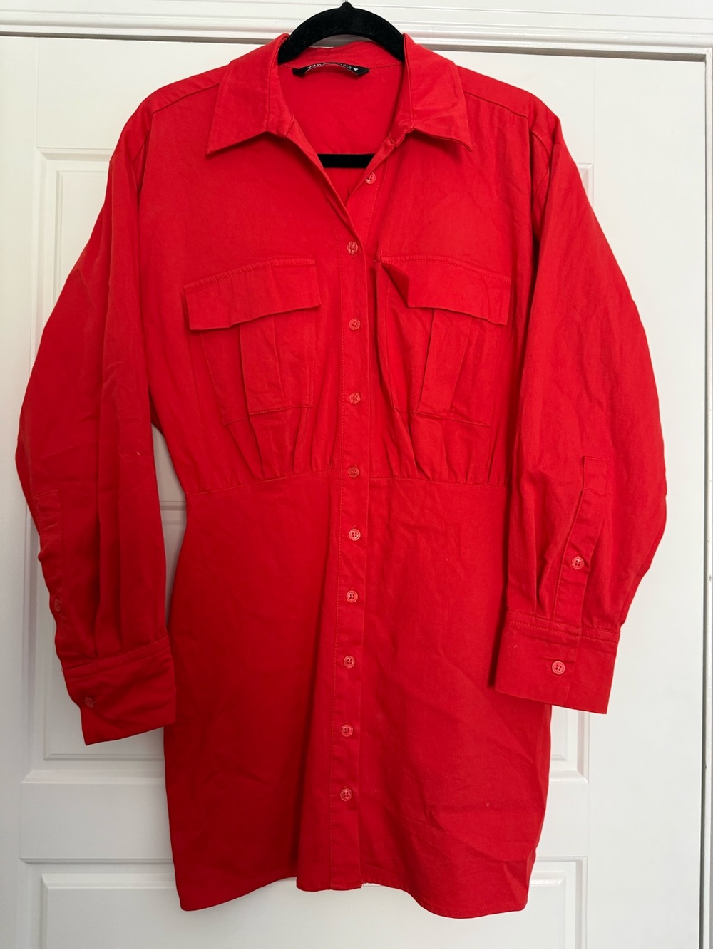 Zara Red Fitted Utility Shirt Dress Mini Long Sleeve Women’s S